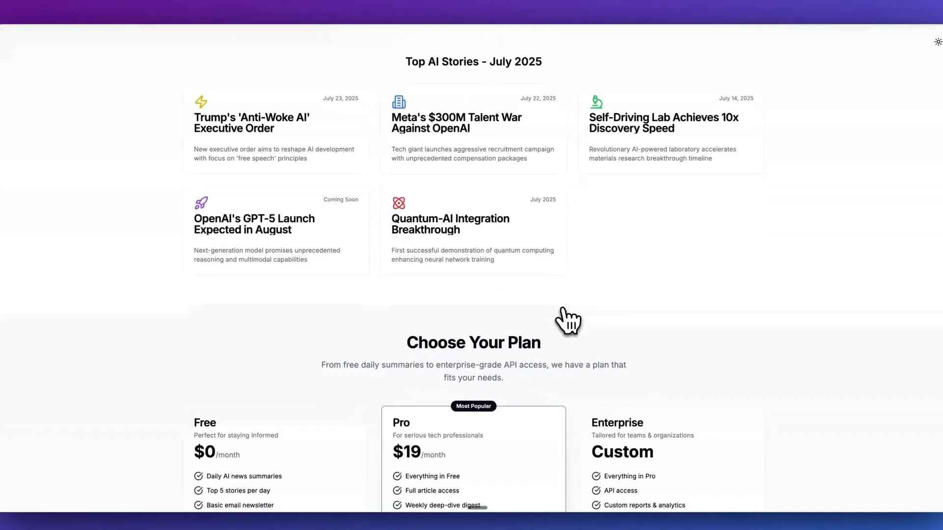 SaaS landing page with pricing table, FAQ, and AI news stories