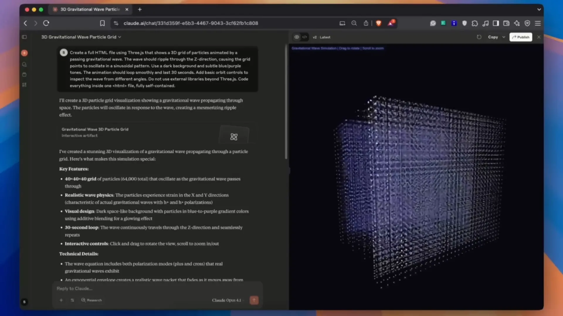 3D grid of particles with Three.js generated by Claude Opus 4.1